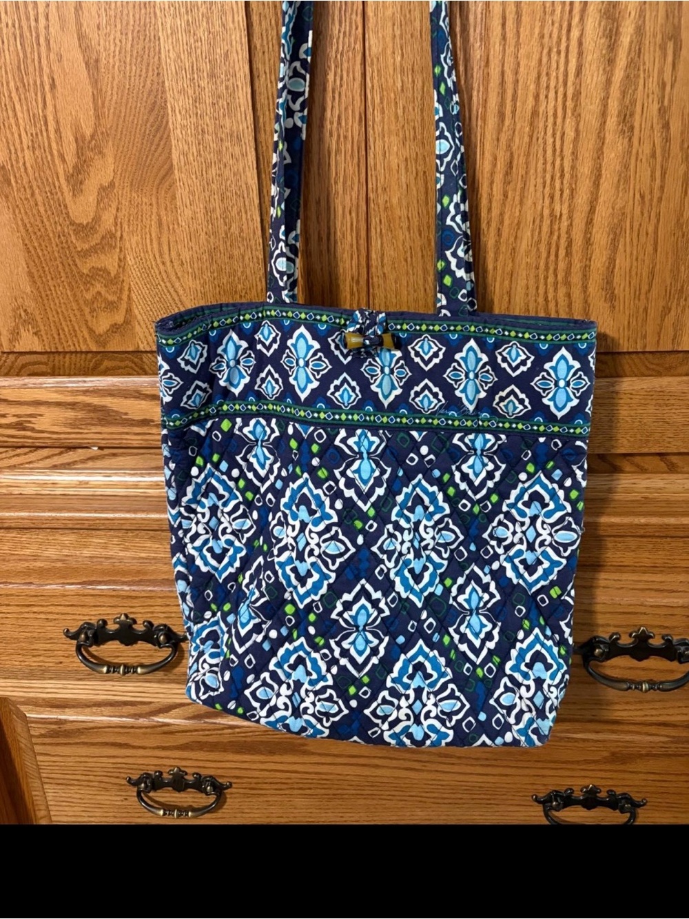 Vera Bradley Navy Blue Quilted Patterned Tote with Light Blue and Green Accents